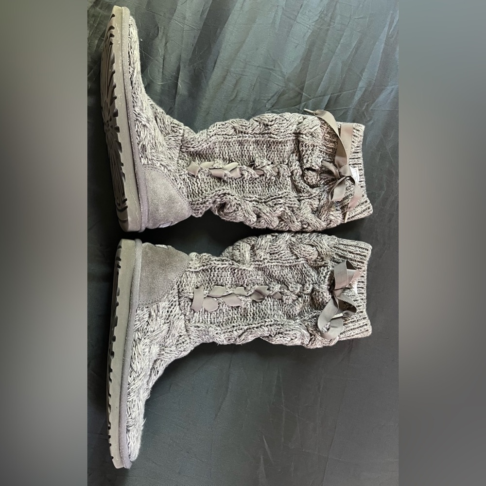 Uggs Grey Isla Cable Knit Sweater boots with lace up side detail- Women’s tall